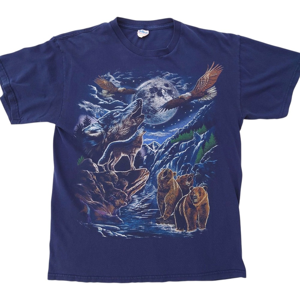 VTG Gildan Wild Howling Nature T-Shirt Mens M Hidden Wolves Bears Eagles Blue